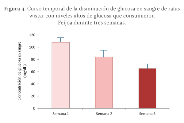 Figura 4. Curso temporal de la disminución de glucosa en sangre de ratas wistar con niveles altos de glucosa que consumieron Feijoa durante tres semanas.
