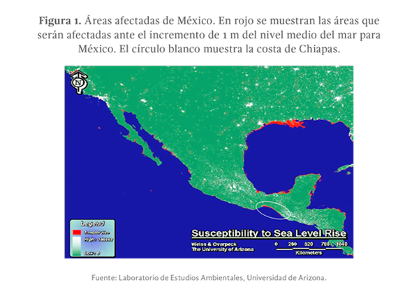 Figura 1. Áreas afectadas de México. En rojo se muestran las áreas que serán afectadas ante el incremento de 1 m del nivel medio del mar para México. El círculo blanco muestra la costa de Chiapas. Imagen del Laboratorio de Estudios Ambientales, Universidad de Arizona.