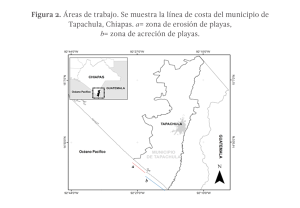 Figura 2. Áreas de trabajo. Se muestra la línea de costa del municipio de Tapachula, Chiapas. a= zona de erosión de playas, b= zona de acreción de playas.