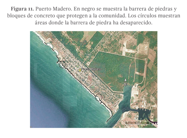 Figura 11. Puerto Madero. En negro se muestra la barrera de piedras y bloques de concreto que protegen a la comunidad. Los círculos muestran áreas donde la barrera de piedra ha desaparecido.
