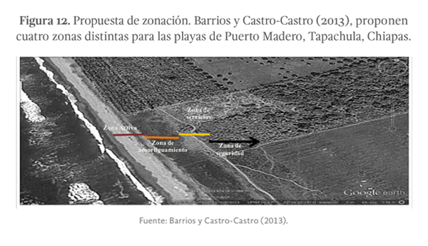 Figura 12. Propuesta de zonación. Barrios y Castro-Castro (2013), proponen cuatro zonas distintas para las playas de Puerto Madero, Tapachula, Chiapas. Imagen tomada de los autores antes mencionados.