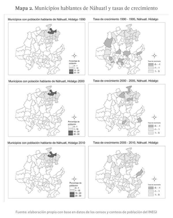 Mapa 2: Municipios hablantes de Náhuatl y tasas de crecimiento
