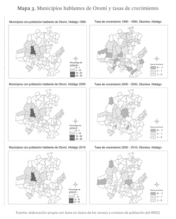 Mapa 3: Municipios hablantes de Otomí y tasas de crecimiento